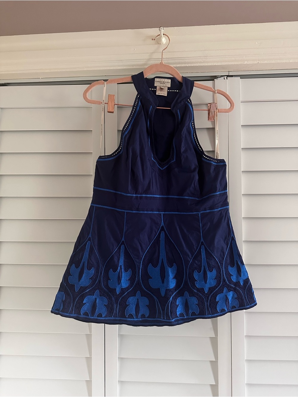 Karen Millen Navy and Bright Blue Embroidered Halter Top